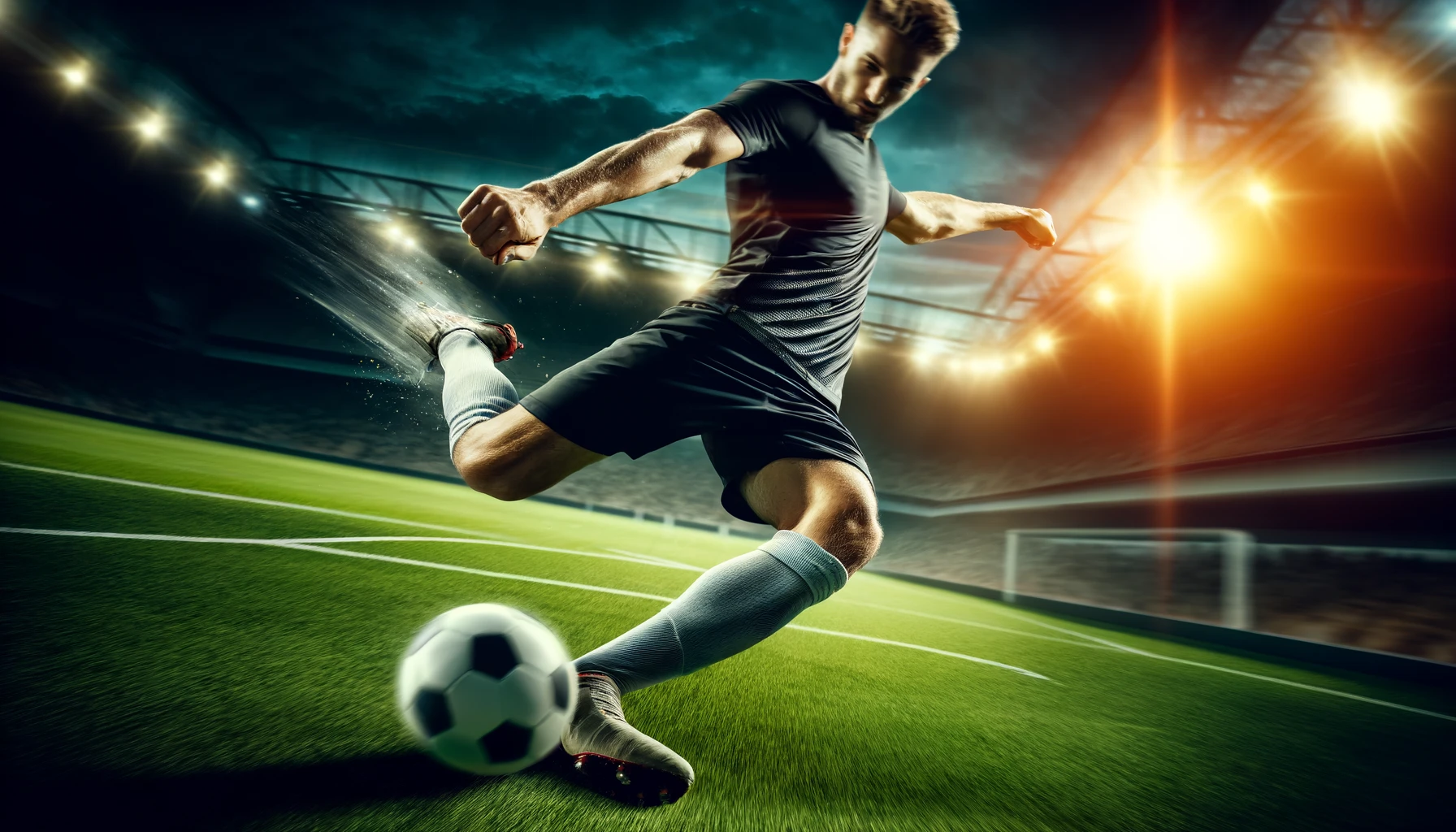 football player in the midst of kicking a football during a match