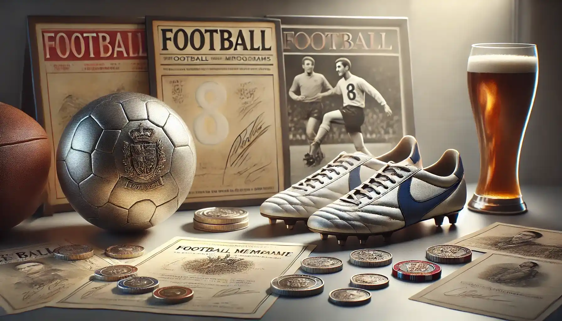 A football memorabilia collection, arranged to highlight its nostalgic appeal for fans and collectors