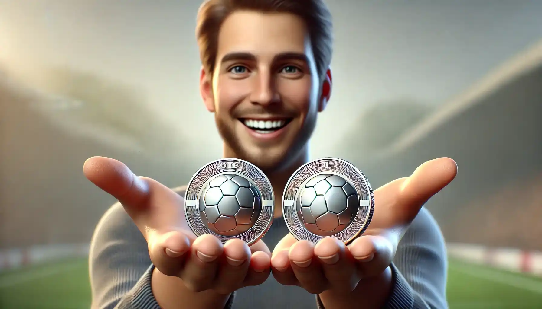 A joyful football fan holding commemorative football coins in his hands, smiling with pride for his collection