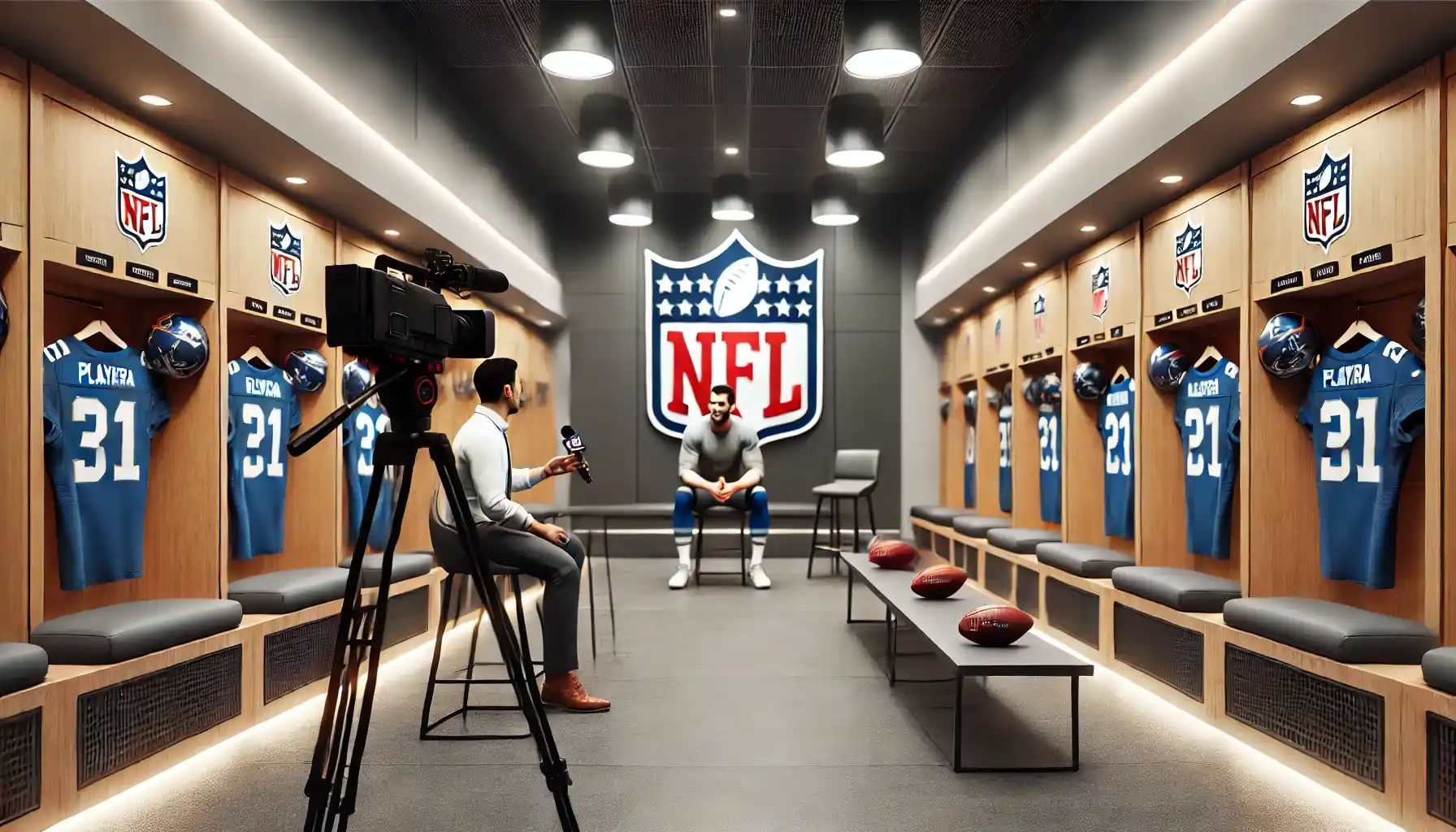 a press interview area outside of a football locker room, with media cameras set up and a player giving an interview.