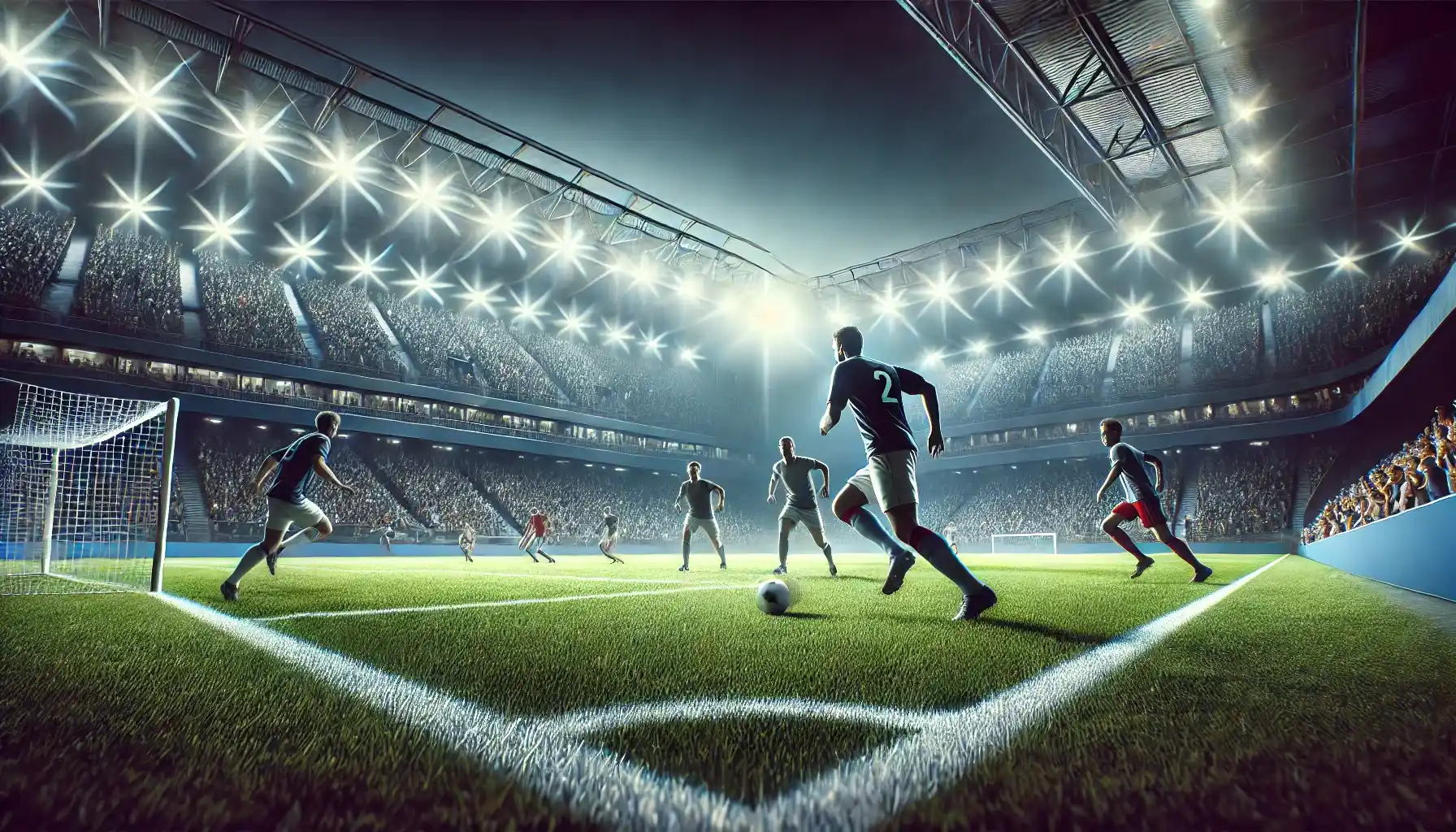 a football stadium during a live game with players on the field, showcasing a dramatic moment of play, with a focus on one player dribbling the ball past defenders