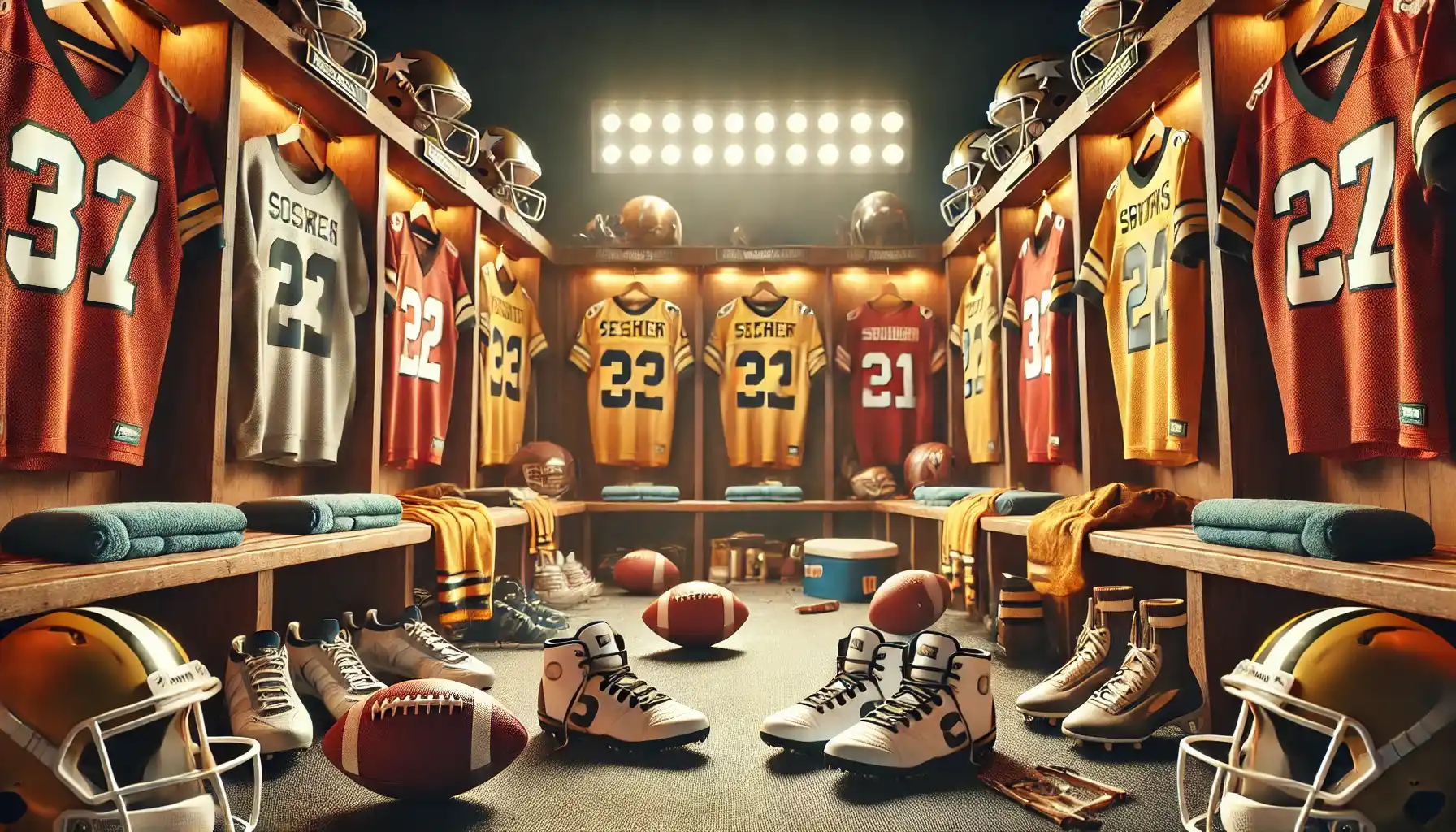 a football locker room filled with jerseys, gear, and equipment, giving a behind-the-scenes look. The setting includes football cleats, helmets, and team logos on walls or lockers, with an organized yet lively atmosphere that feels ready for an important match
