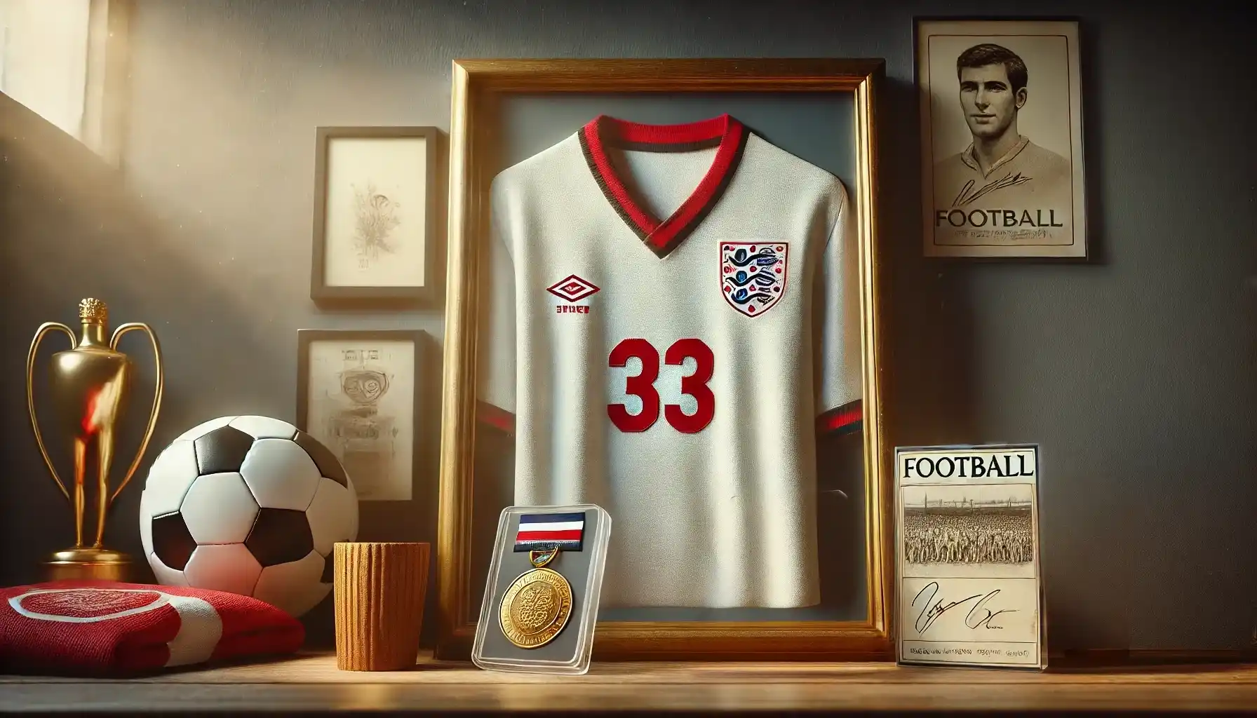 A football fan's memorabilia collection is displayed on a wooden shelf.