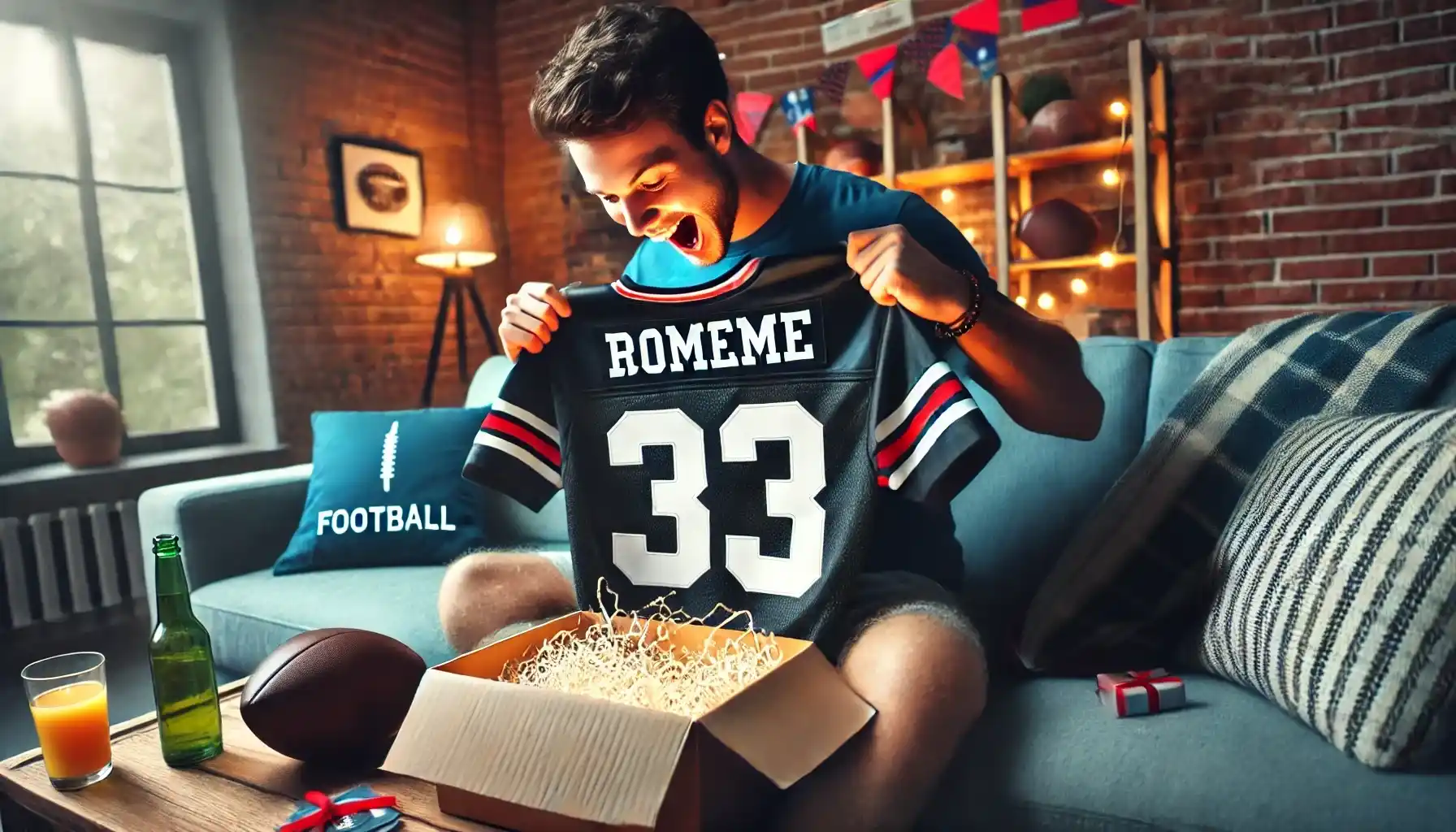 A football fan is excitedly opening a gift box containing a personalized football jersey with their name on it.