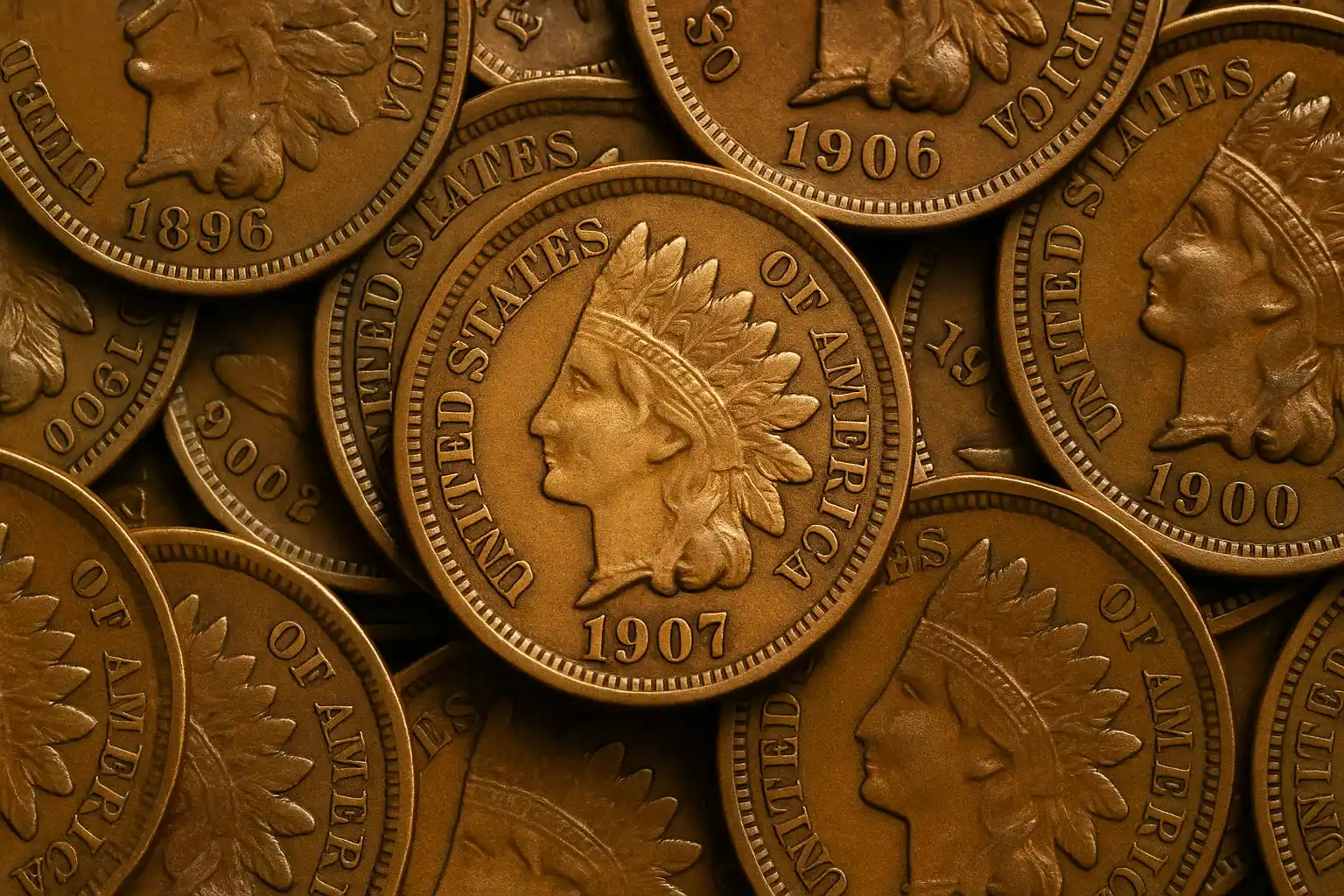 a lot of coins with a 1907 penny highlighted in the center