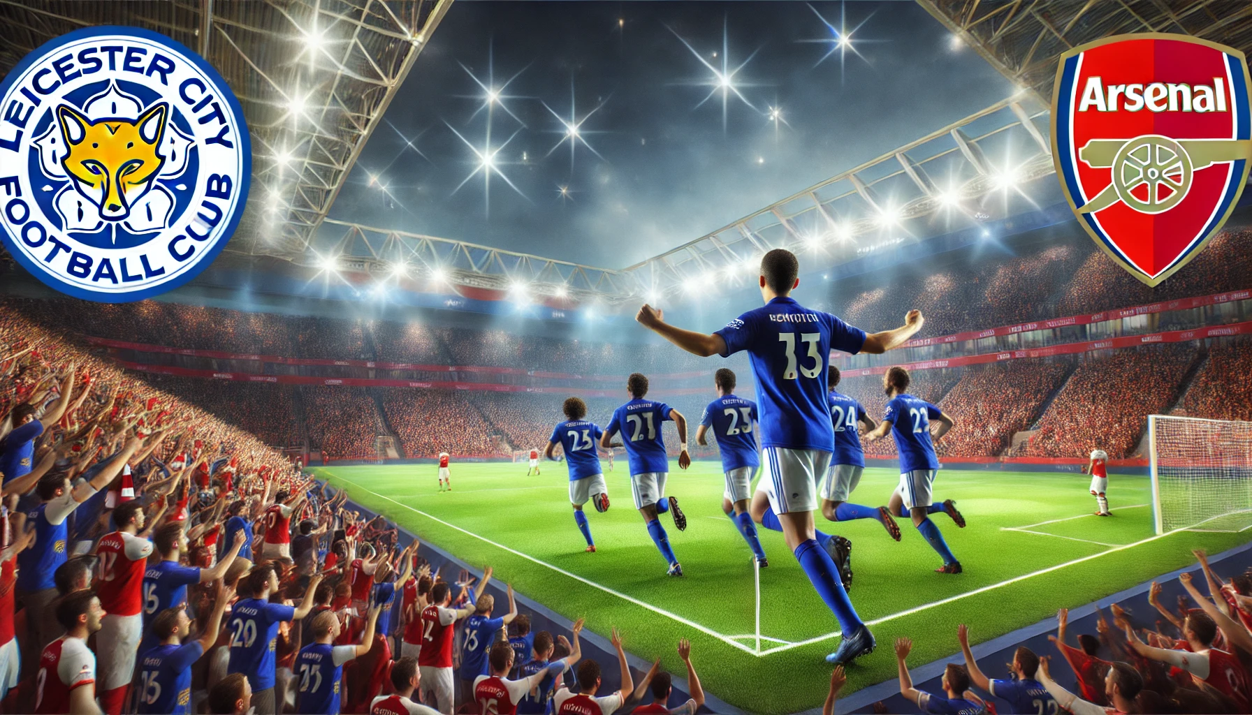 Leicester City players celebrating a goal against Arsenal