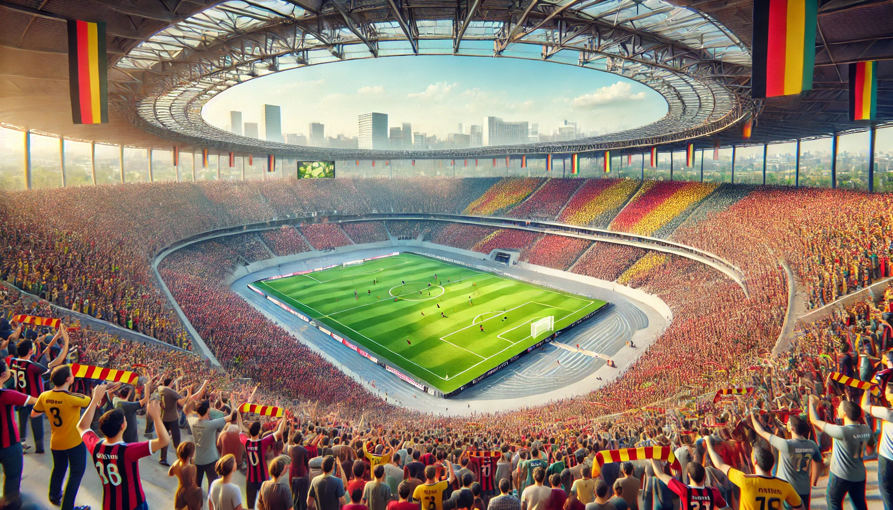 A football stadium filled with cheering fans, with vibrant colors and banners waving.