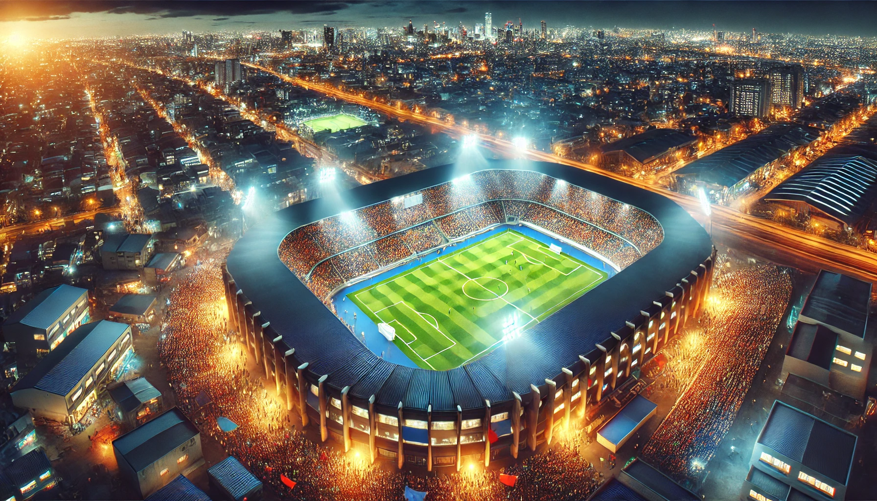 A football stadium at night, illuminated with bright floodlights.